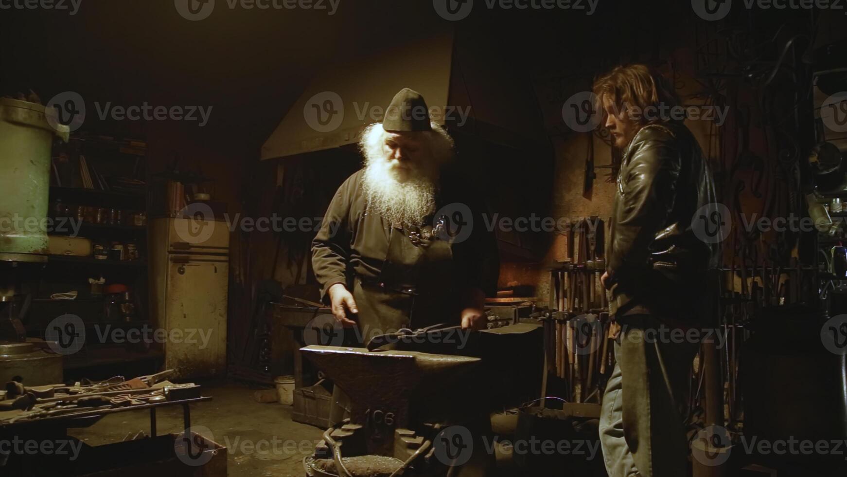 Skilled craftsmen in the workshop, featuring a blacksmith and their dedicated apprentice. Stock Clip photo