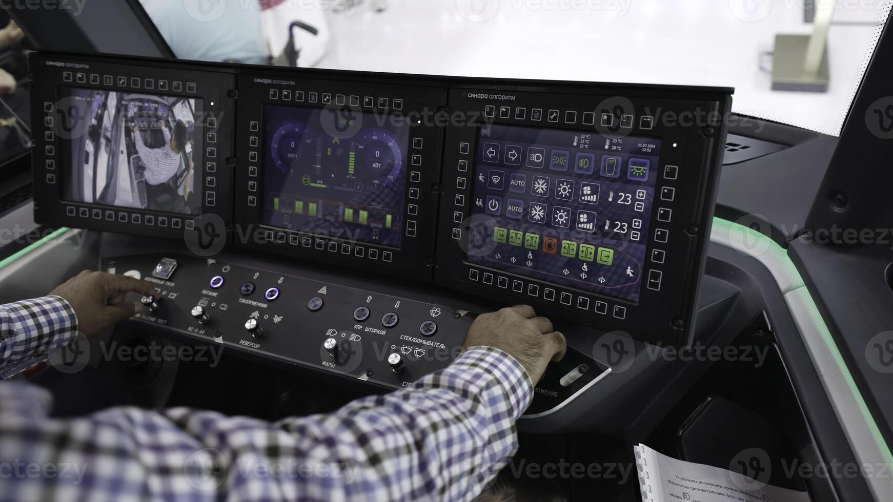 The modern train control panel features advanced technology displays designed for efficiency. Media photo
