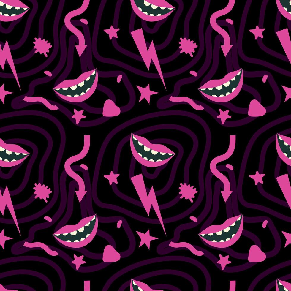 Psychedelic seamless pattern. Pink lips, lightning, star, abstract elements on a black background. illustration for background, fabric, packaging, wrapping paper vector