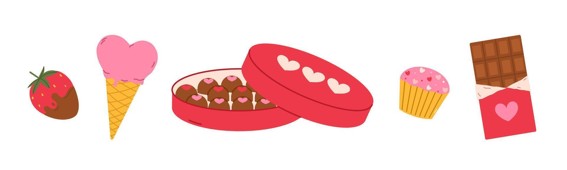 Valentines Day sweets elements set. Different dessert cupcake, ice cream, chocolate and strawberry. Flat isolated illustration vector