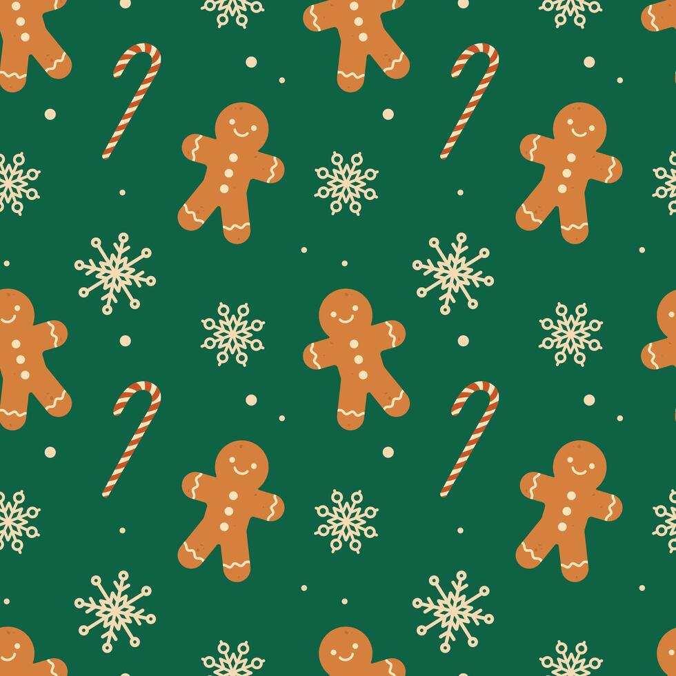 Gingerbread cookies and Christmas candy cane seamless pattern. Christmas print for fabric and wrapping paper. Flat illustration vector
