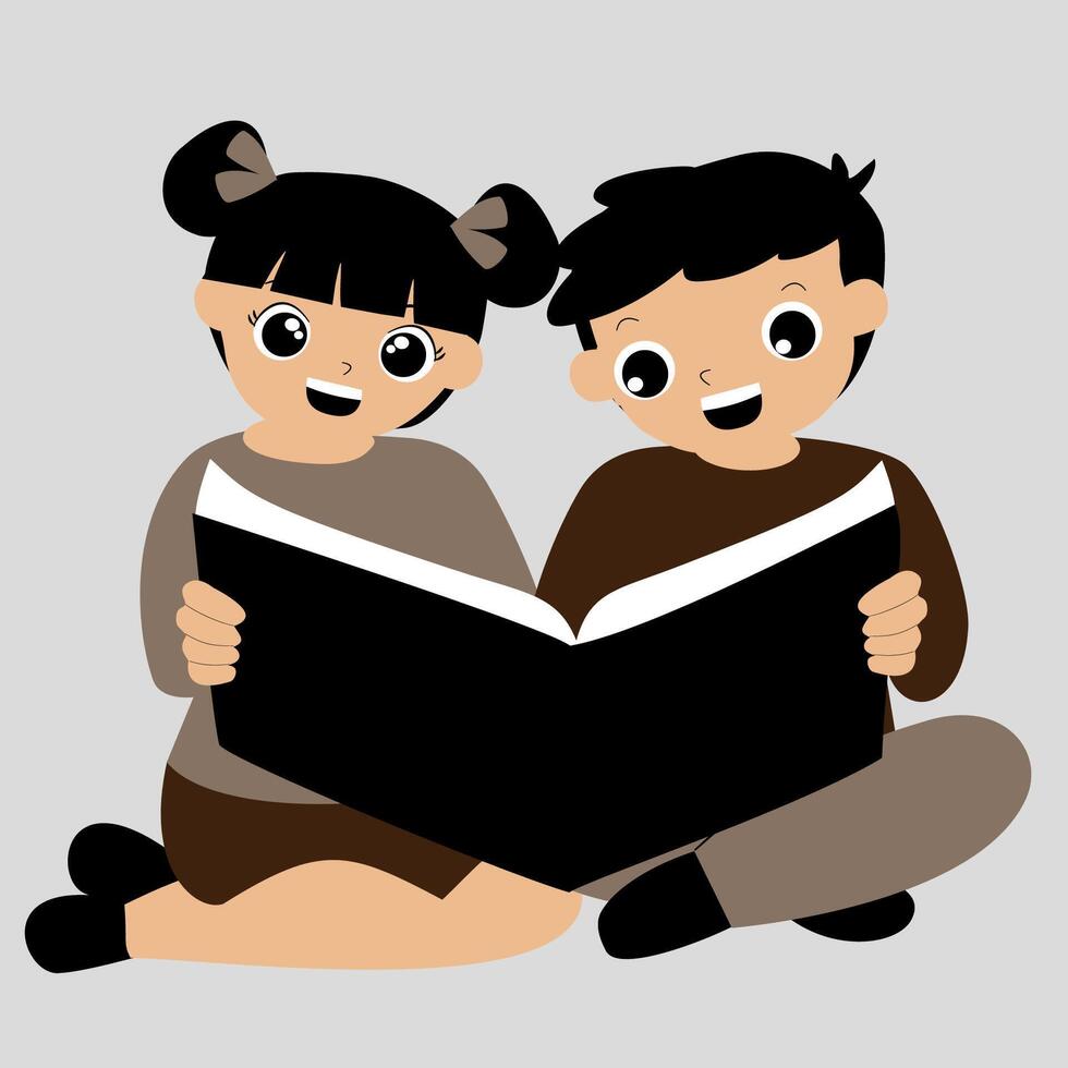 Two children reading a book vector
