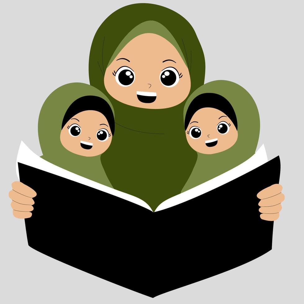 Hijab mother and two children read a book vector