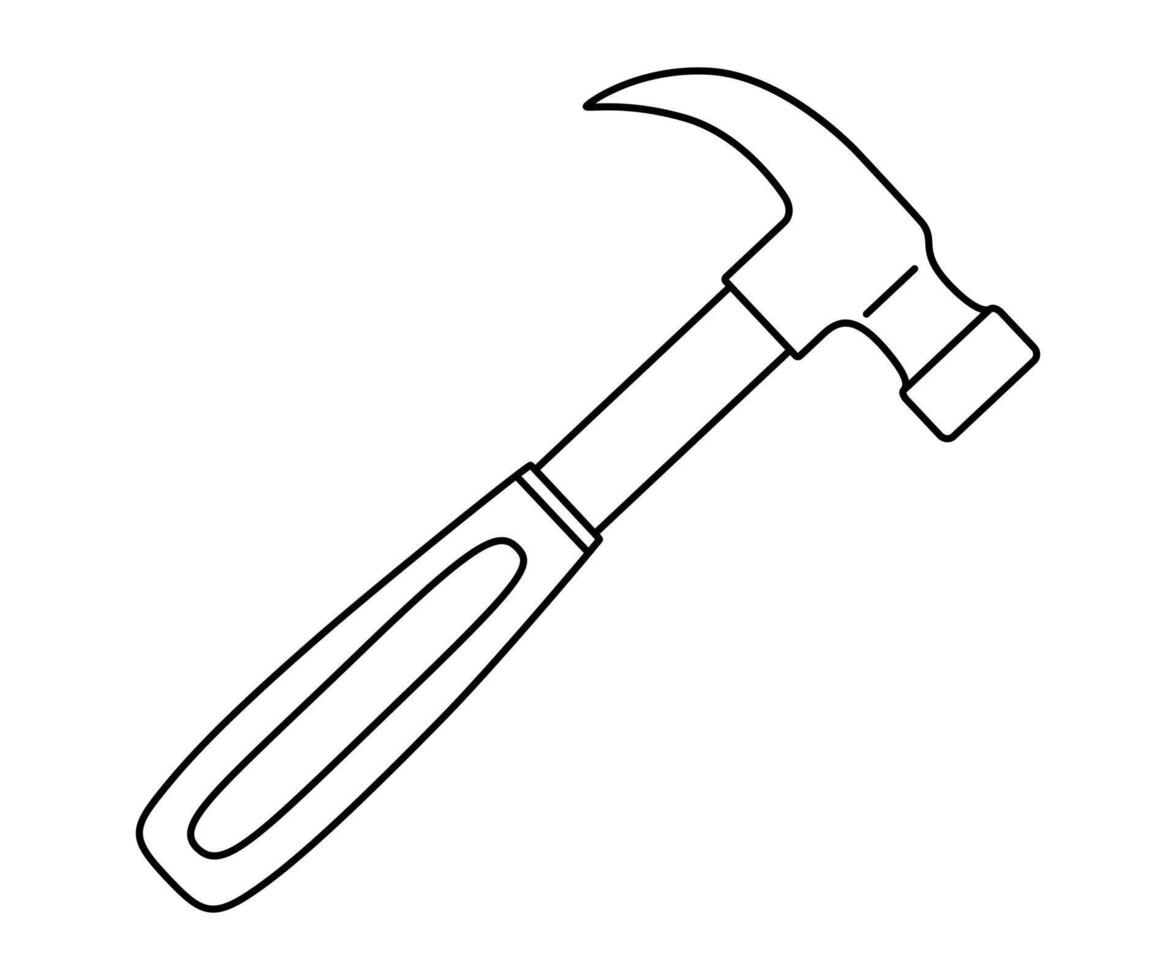 Hand drawn cute outline illustration of hammer instrument. Flat repair tool in line art doodle style. Support service hardware icon. Settings or fix problem. Find solution. Isolated. vector