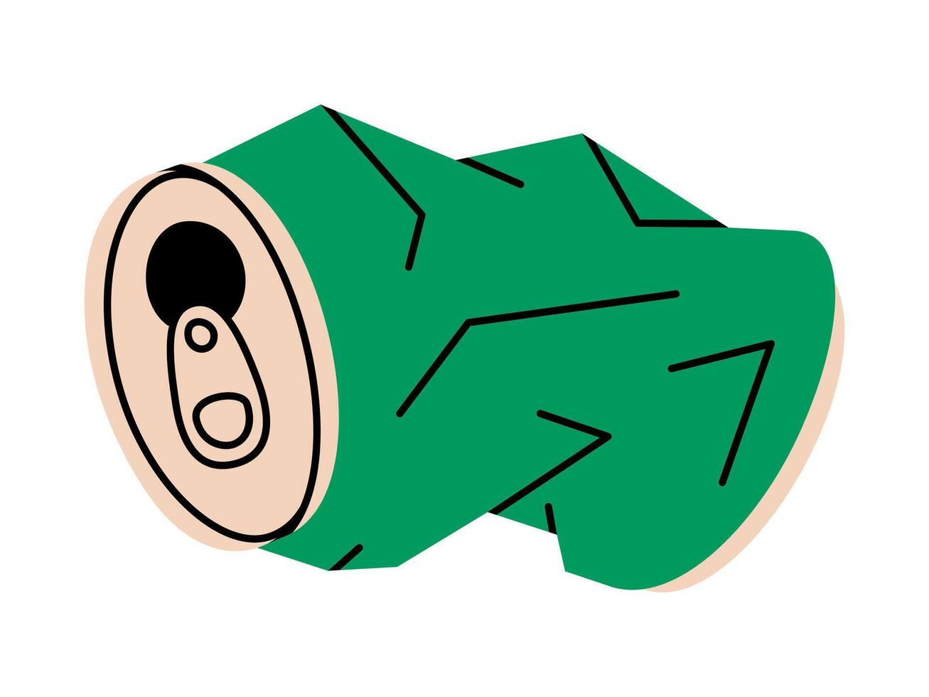 Hand drawn cute cartoon illustration of crumpled soda can. Flat recycling metal trash or environmental pollution doodle style. Crushed beverage tin sticker or icon. Waste sorting. Isolated. vector