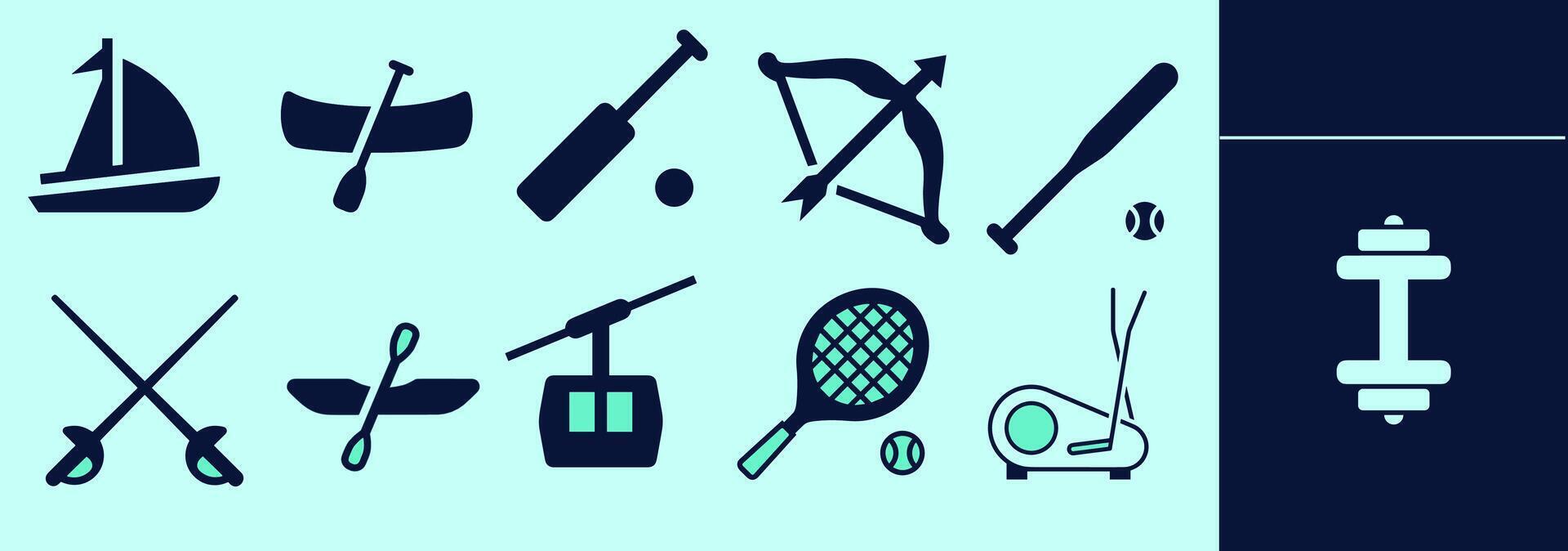 Sports SOLID icon set for logo and digital work. Boat, canoe, archery, baseball bat, sword, tennis, cricket. Editable elements, size and color. vector