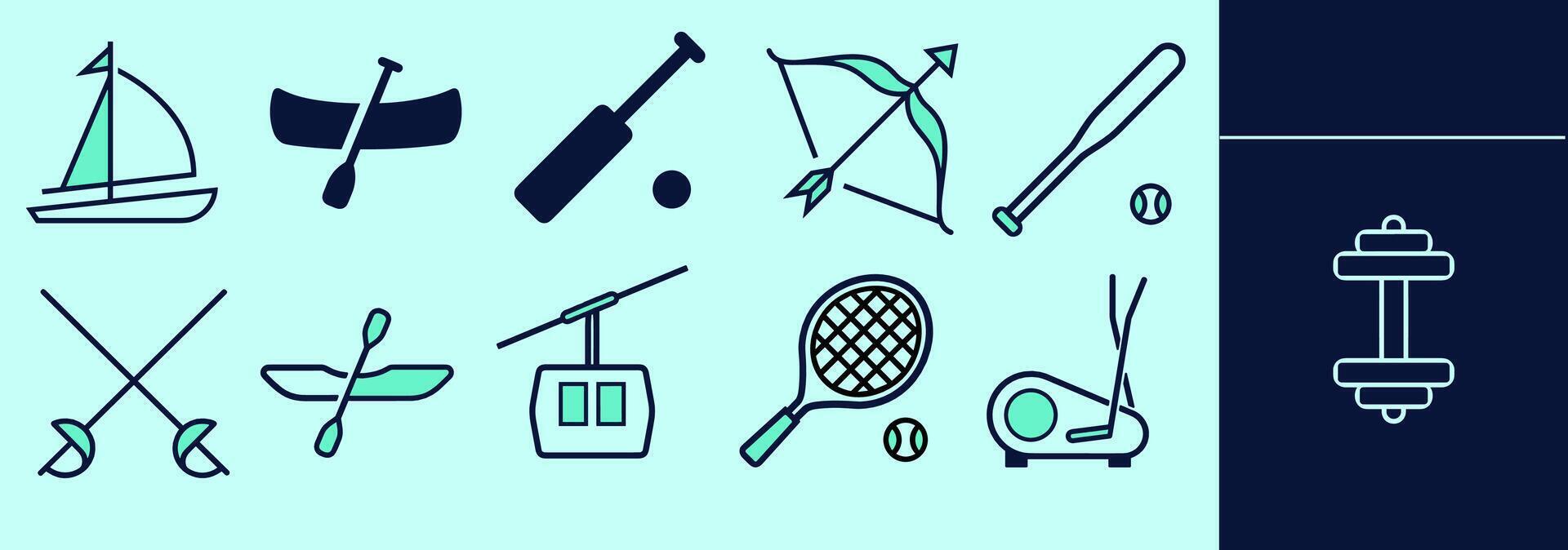 Sports LINE icon set for logo and digital work. Boat, canoe, archery, baseball bat, sword, tennis, cricket. Editable elements, size and color. vector