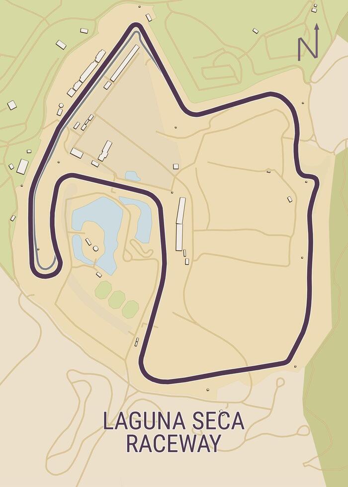The image depicts a detailed map of the Laguna Seca Raceway, a renowned motorsports circuit located in Monterey County, California. vector