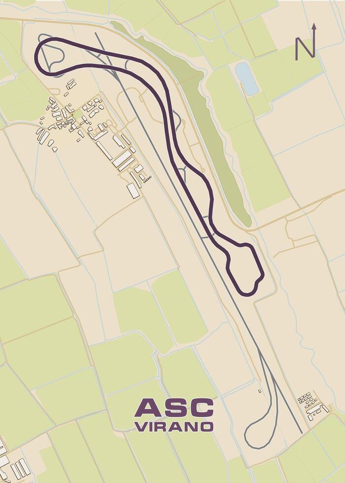 The image depicts a detailed map of the ASC Virano race track, a winding circuit situated in a rural area. The track is outlined in dark purple, snaking through a landscape of green fields vector