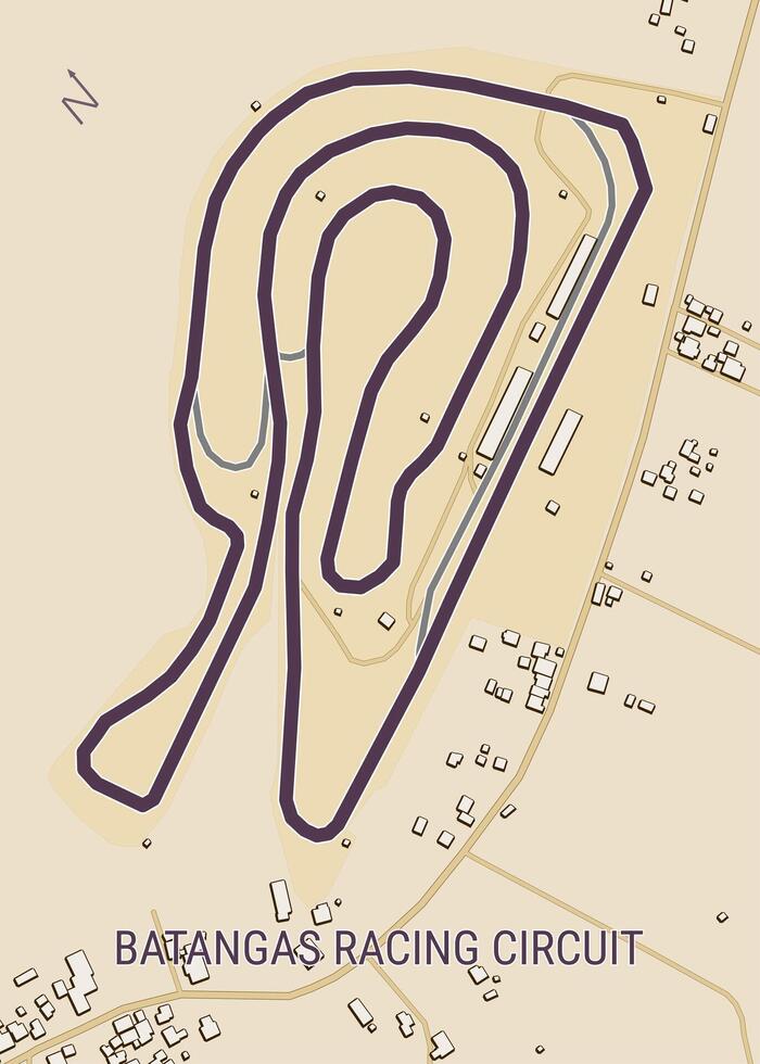 The image depicts a map of the Batangas Racing Circuit, a race track located in the Philippines. The track is outlined in a dark purple color and is situated in a rural area with surrounding buildings vector