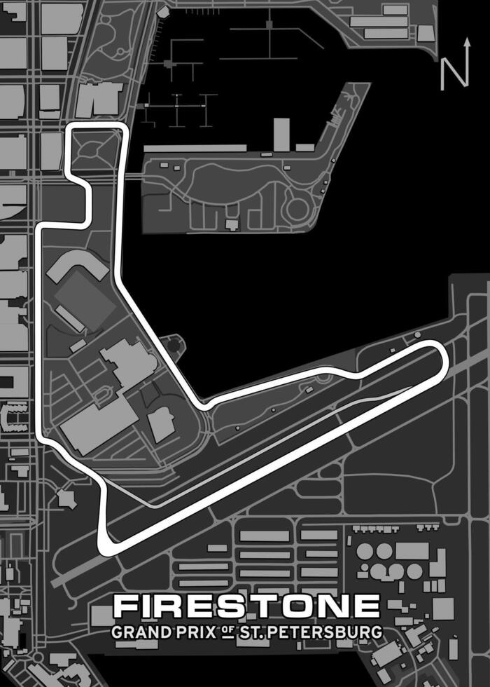 A black and white schematic map depicts the Firestone Grand Prix of St. Petersburg race track. The track is outlined in white and winds through a city setting. vector