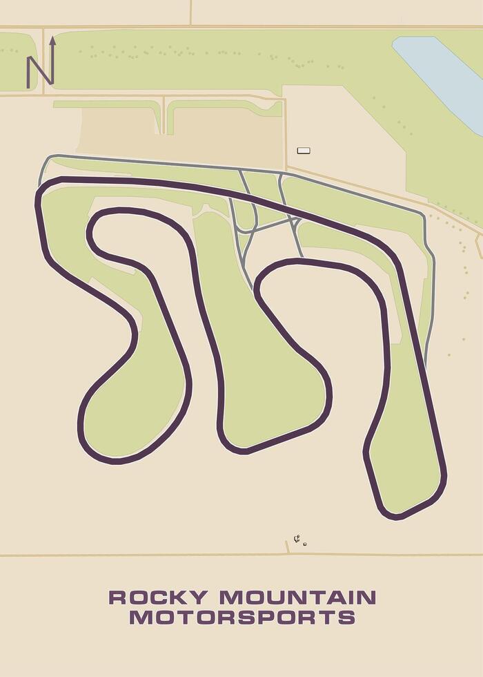 The image depicts a stylized map of Rocky Mountain Motorsports Track, with a winding layout. The track is outlined in a dark purple color against a light beige background. vector