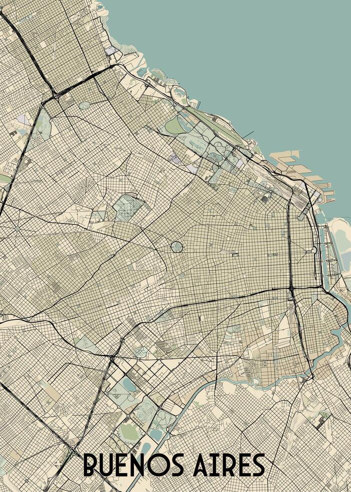 This detailed map showcases the city of Buenos Aires, Argentina. The map features a grid-like layout of streets and avenues, with a focus on the city's central area. vector