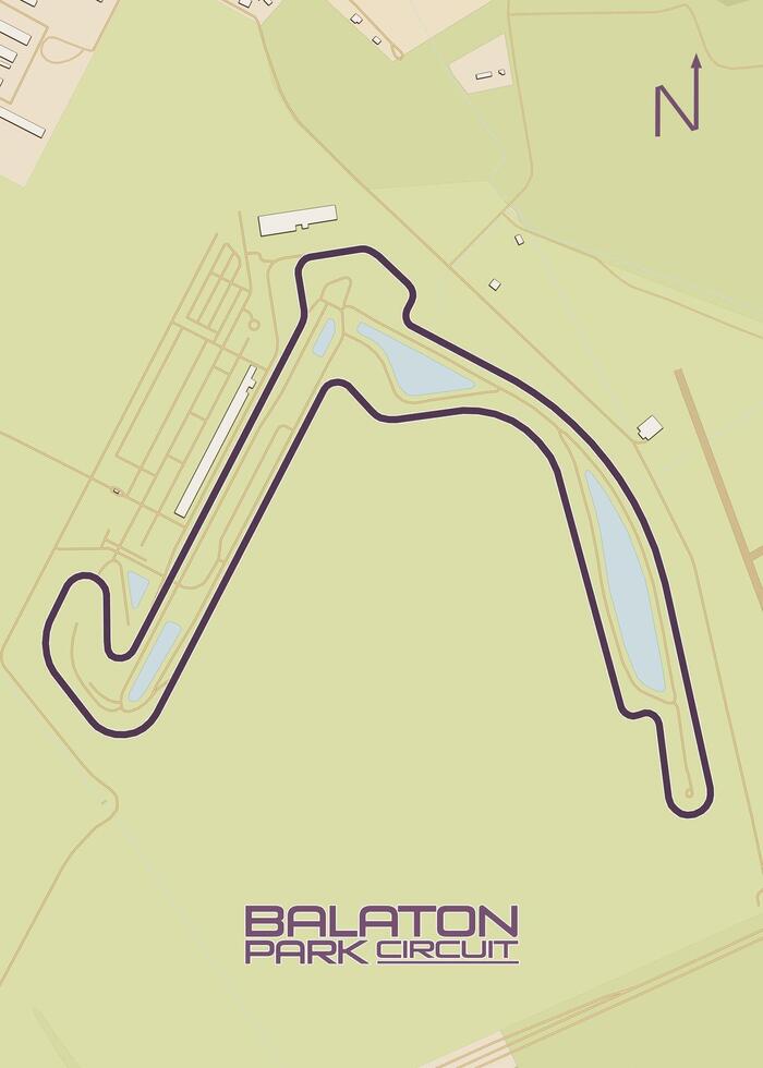 The image depicts a detailed map of the Balaton Park Circuit, a race track located in Hungary. The track is outlined in a dark purple color vector