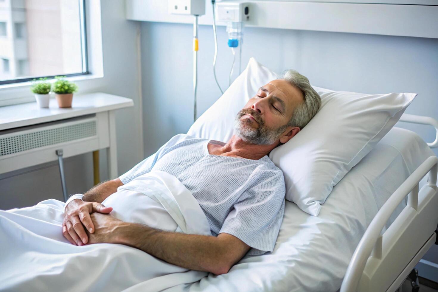 Relaxed male patient resting in a hospital bed with white linens, recovering in a healthcare facility. photo