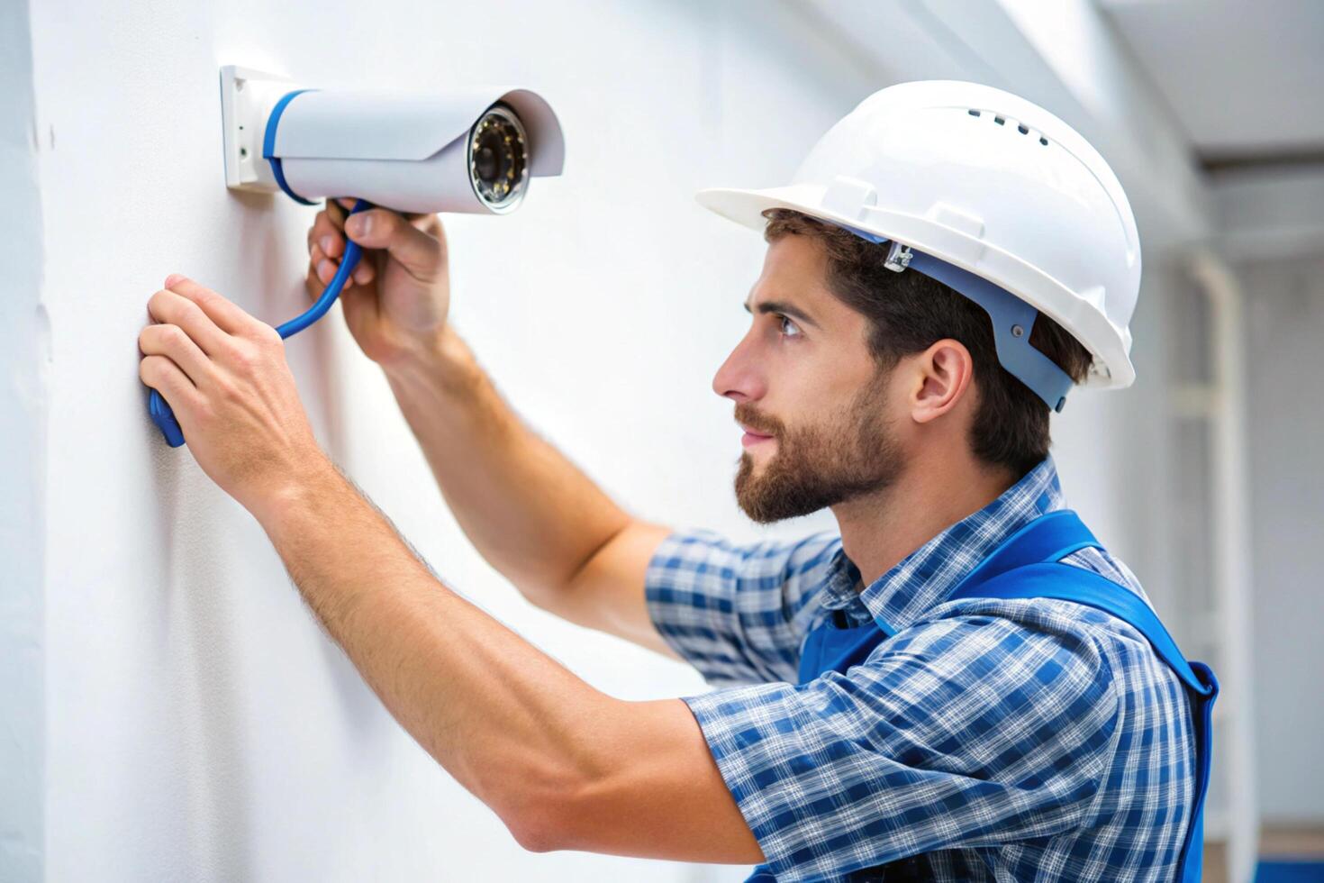 Technician mounting surveillance camera on the wall to ensure security in a commercial or residential building. photo