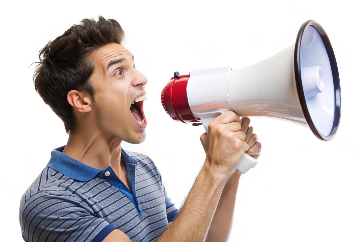 Motivated young volunteer holding megaphone, speaking loudly and excitedly at an outdoor event or protest. photo