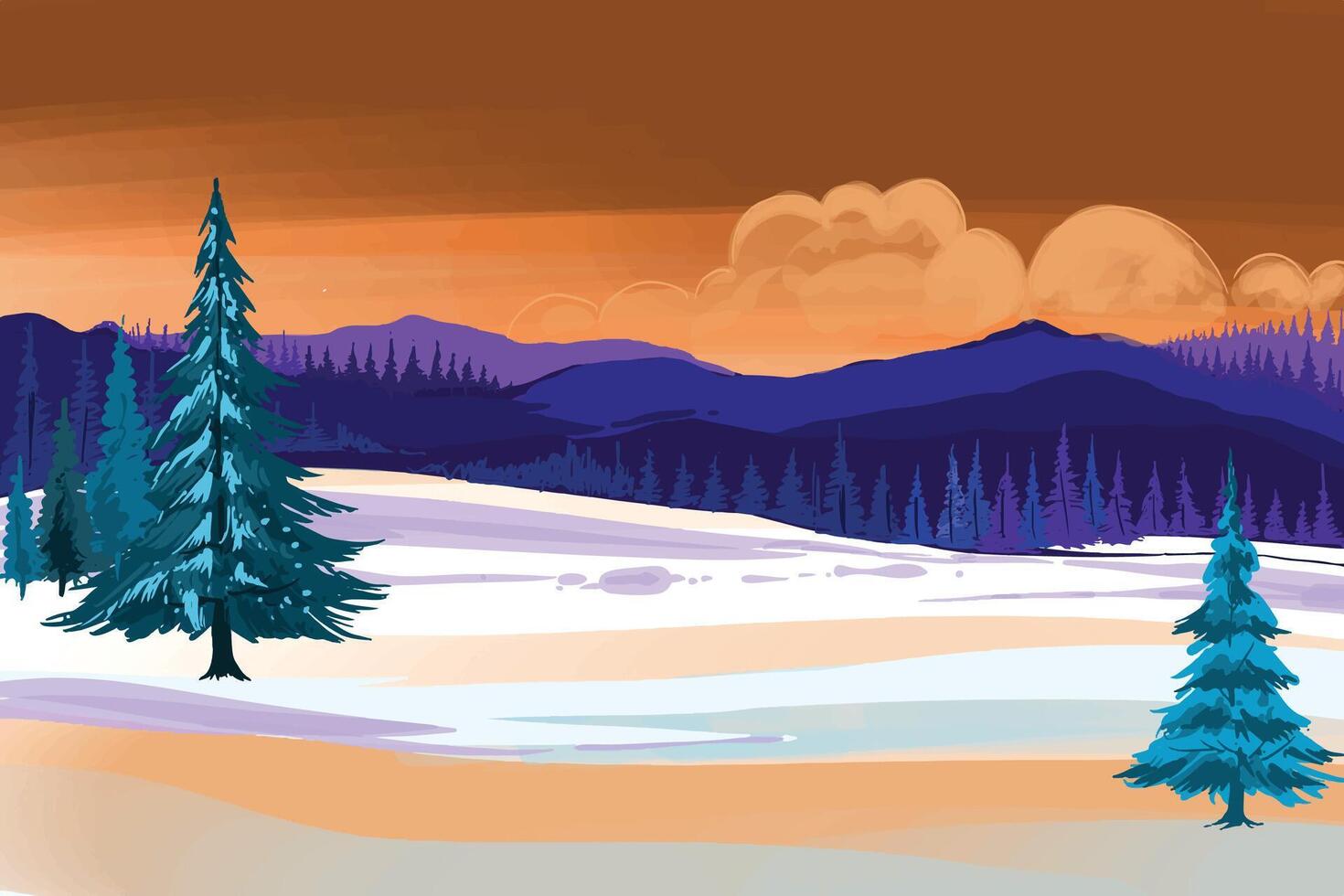 Christmas scene with snow covered landscape background vector