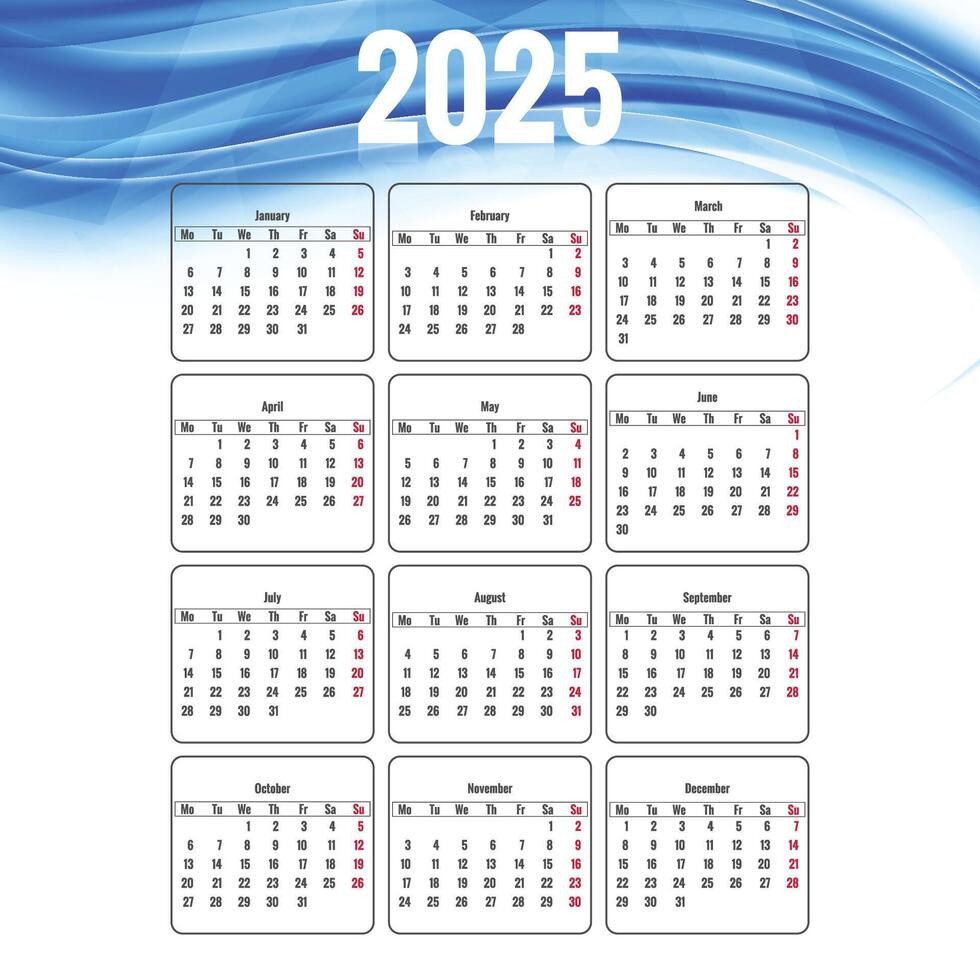 2025 english calendar template with blue creative wave background vector