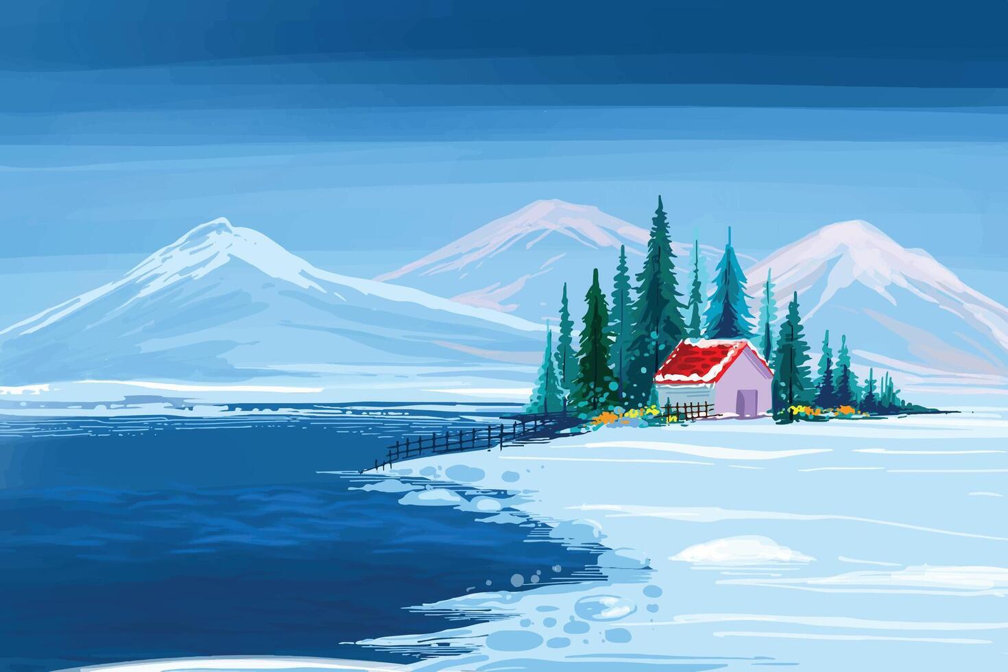 Impressive christmas trees in winter landscape with snow card background vector