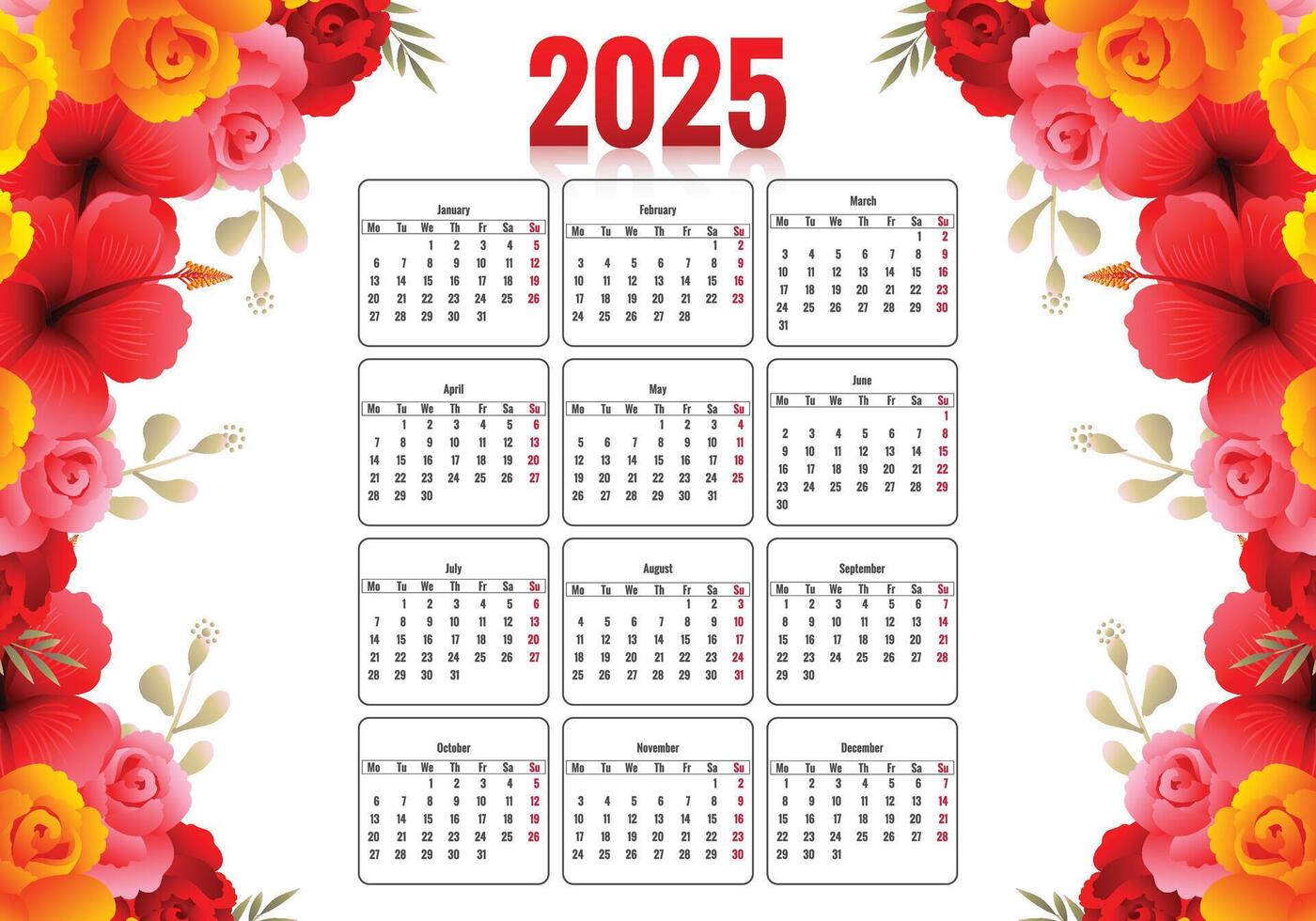 Beautiful 2025 calendar with colorful floral design vector