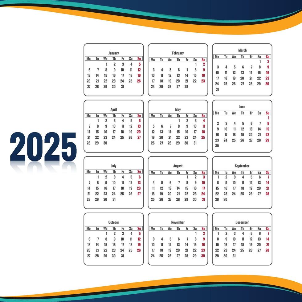 2025 english calendar template with creative wave background vector