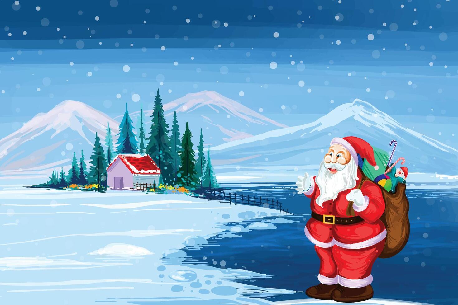 Beautiful winter landscape with house in snowy christmas card background vector