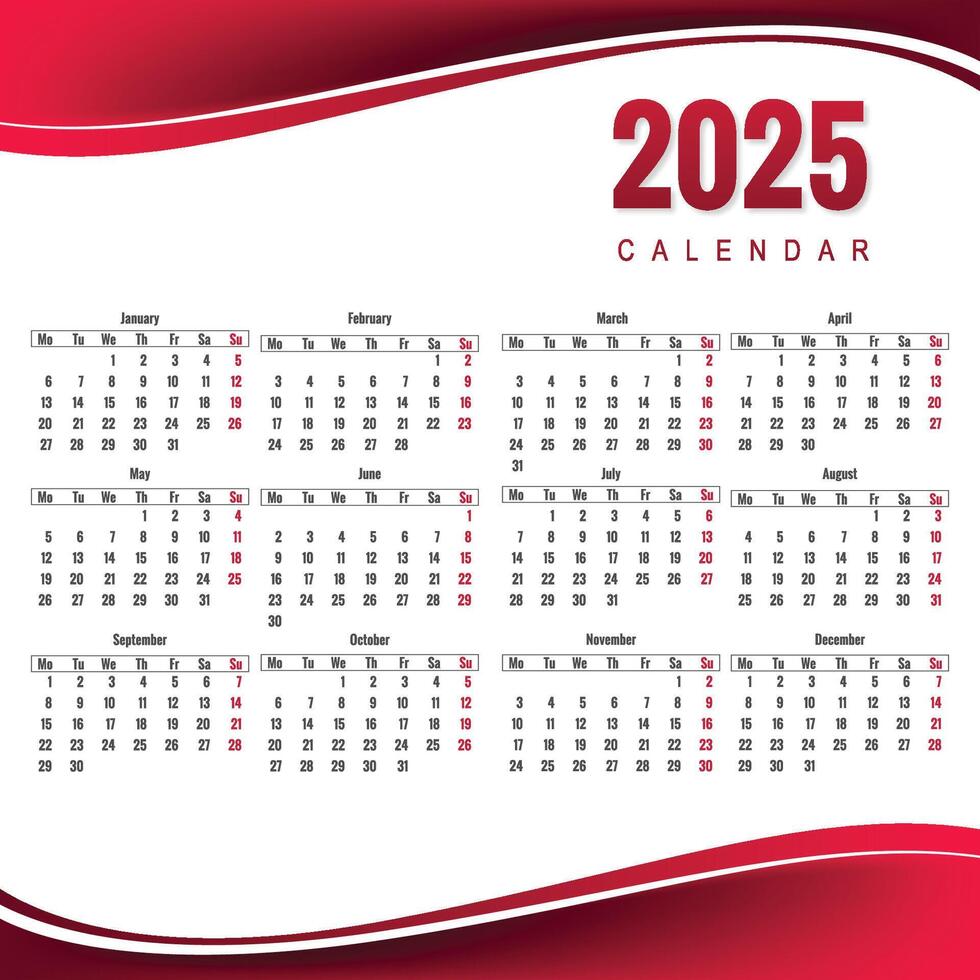 Creative new year red wave calendar 2025 background vector