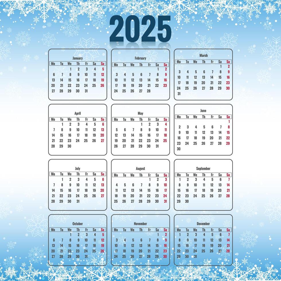 2025 monthly calendar layout with christmas snowflakes background vector