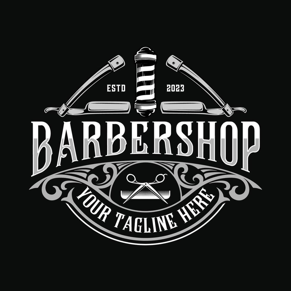 Barbershop logo. barber pole, razor in ornamental frame, with vintage style, for barber shop vector