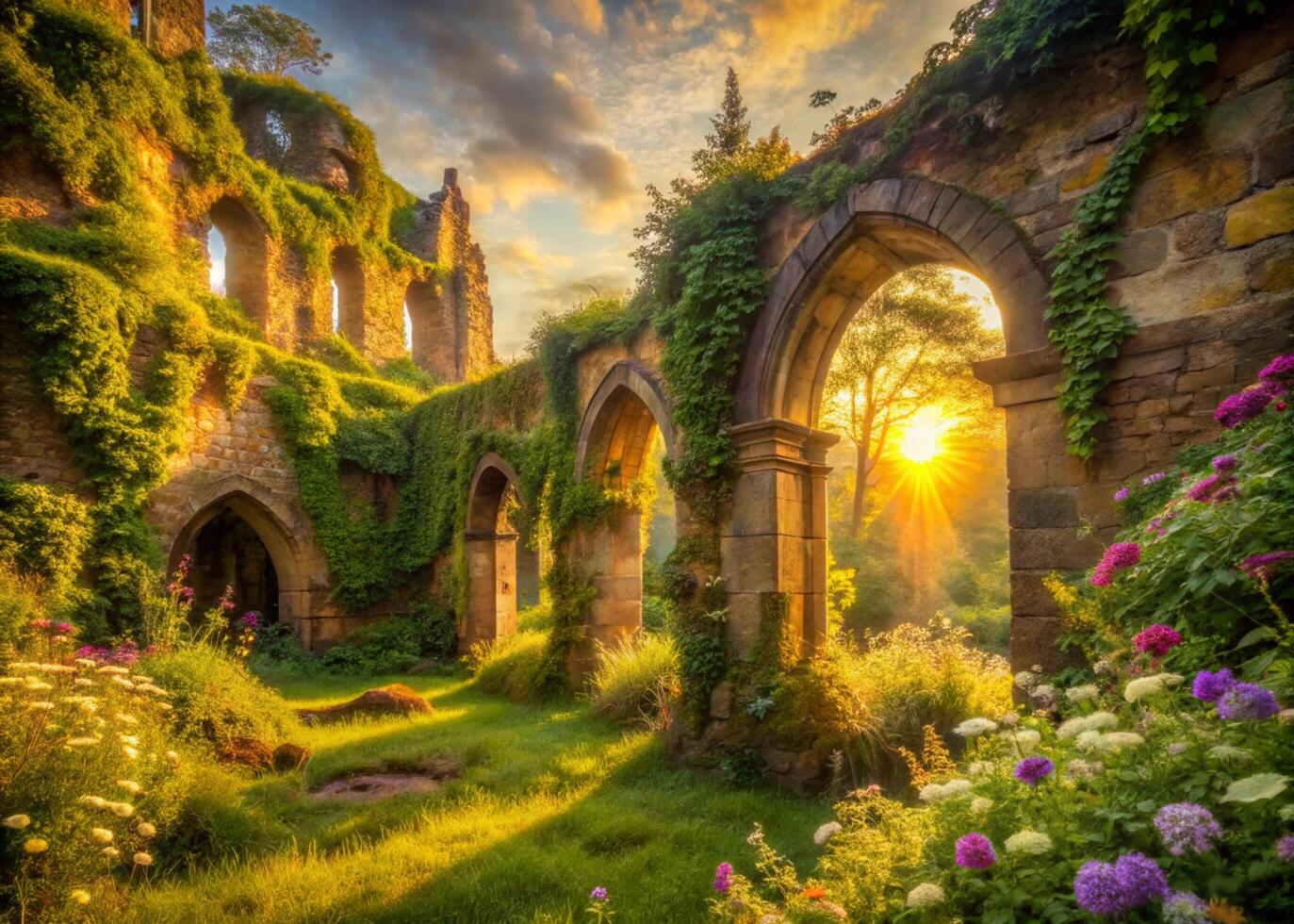 Ancient ruins with overgrown vines and moss, glowing with golden sunlight and surrounded by blooming wildflowers wallpaper background. photo