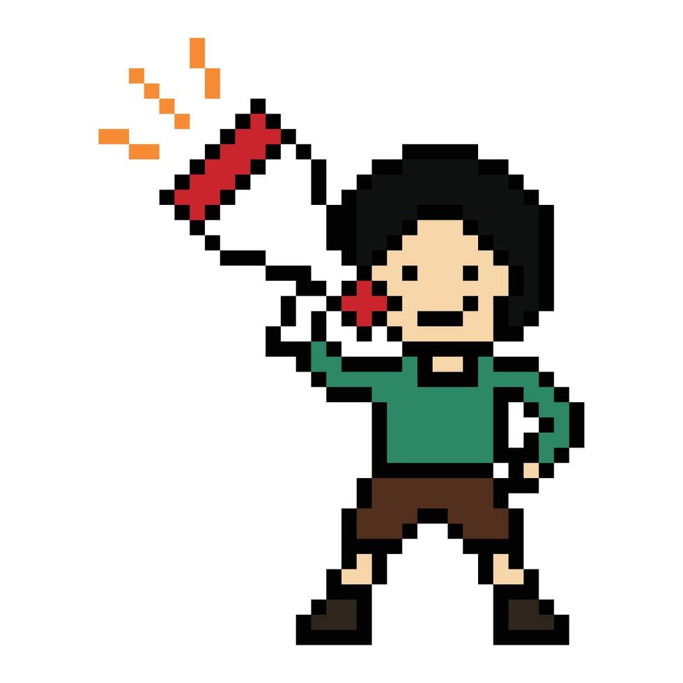 Cartoon 8 bit design smile man , male or boy and megaphone shout announce declare speak pixel art. vector