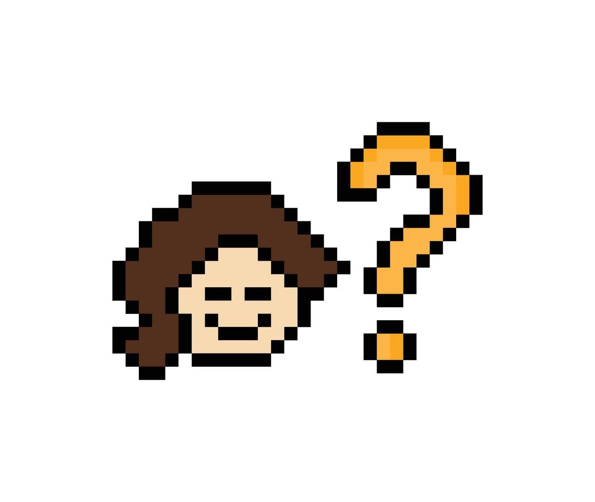 Cartoon 8-bit art of lady female woman girl with question mark confuse wonder don't know question pixel design. vector