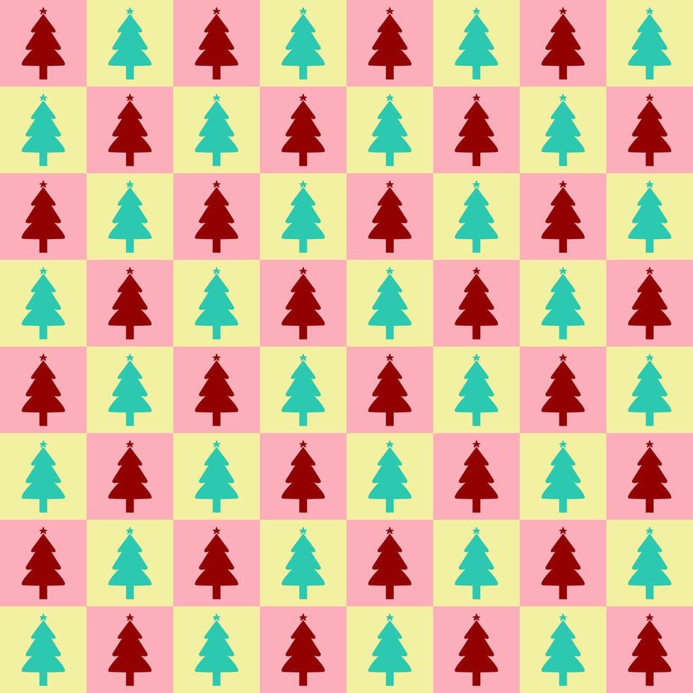 Christmas tree on checkerboard seamless pattern. vector