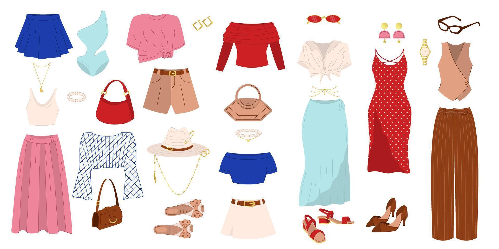 fashion women's clothing isolated set. Female trendy outlook. Girls beautiful clothes. Stylish Spring apparel collage. Lady's textile collection. vector