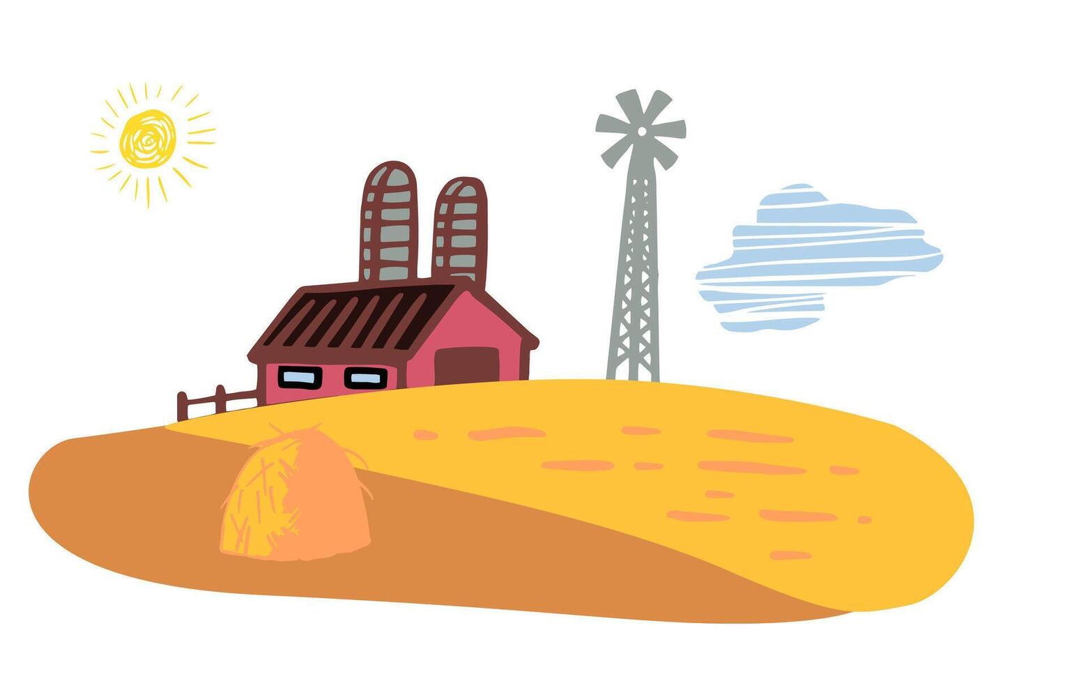farm scene with a red barn, silo, windmill, and sunny hill. The vibrant colors and simple lines evoke warmth and nostalgia under a bright blue sky. vector