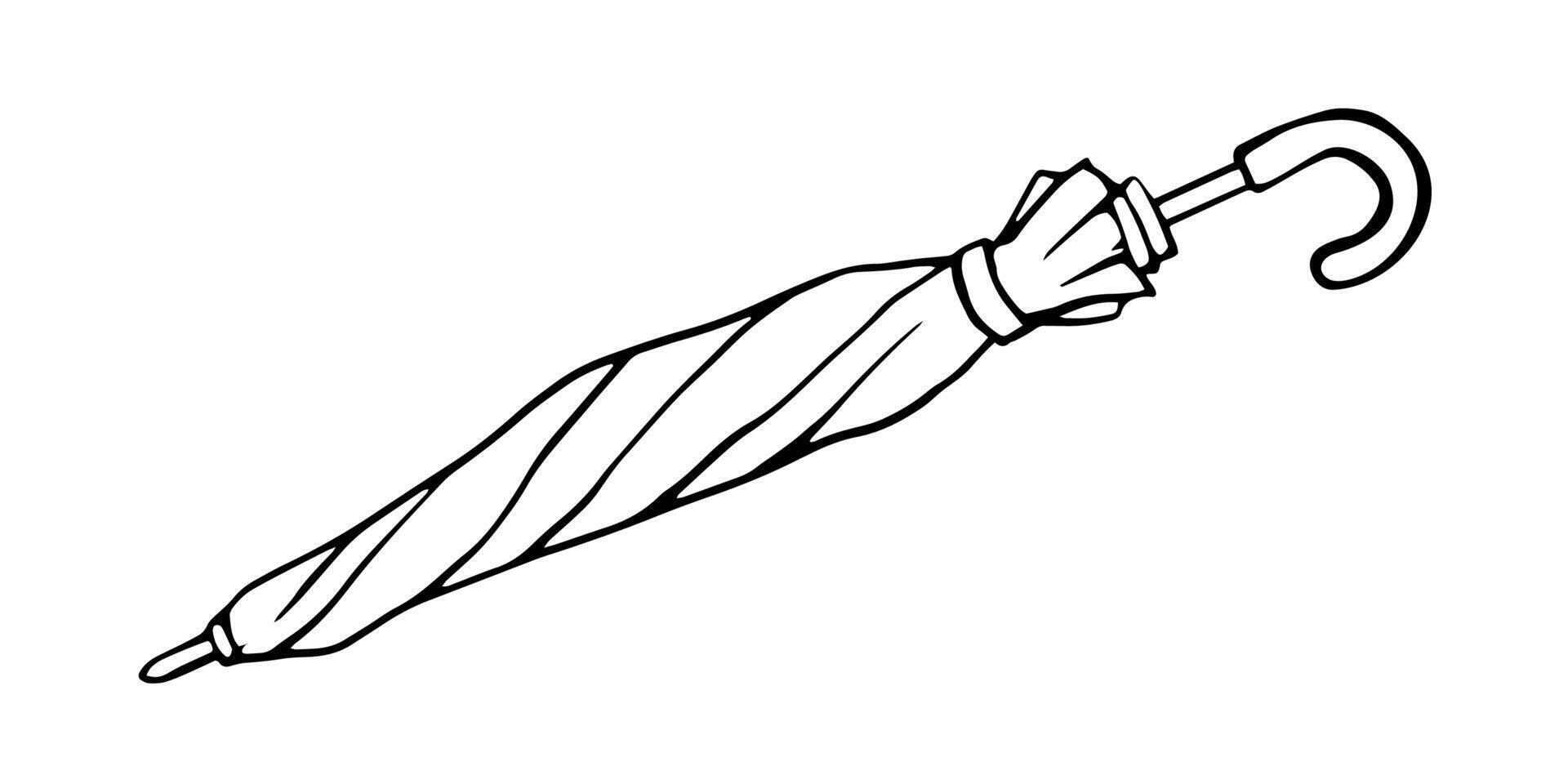 black and white line drawing of a closed umbrella with a curved handle. vector