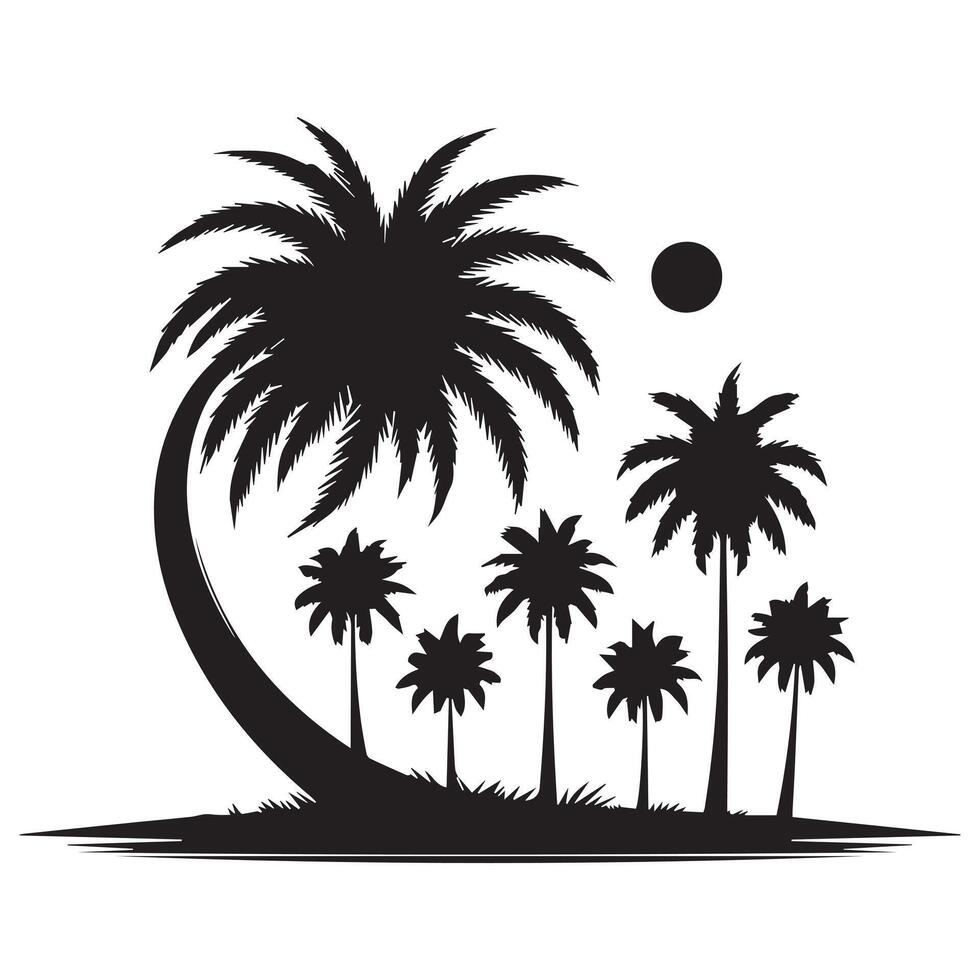 7 Black Palm Trees Set and sun Isolated On White Background. Palm Silhouettes. Design Of Palm Trees For Posters, Banners And Promotional Items. Illustration. Palm Icon On White Background vector