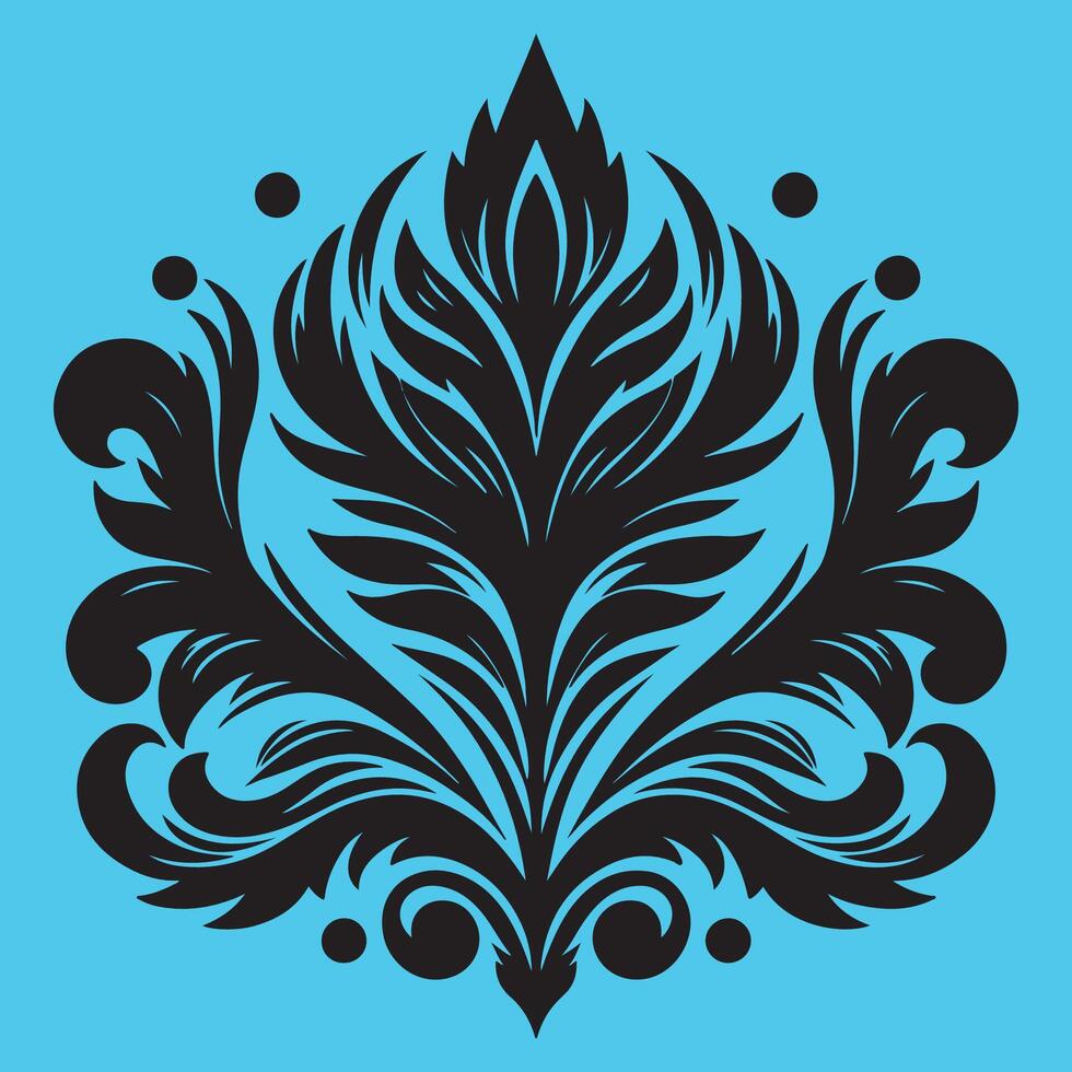 An attractive black graphic floral motif with a central stylized leaf or bud shape surrounded by ornate petal like elements vector