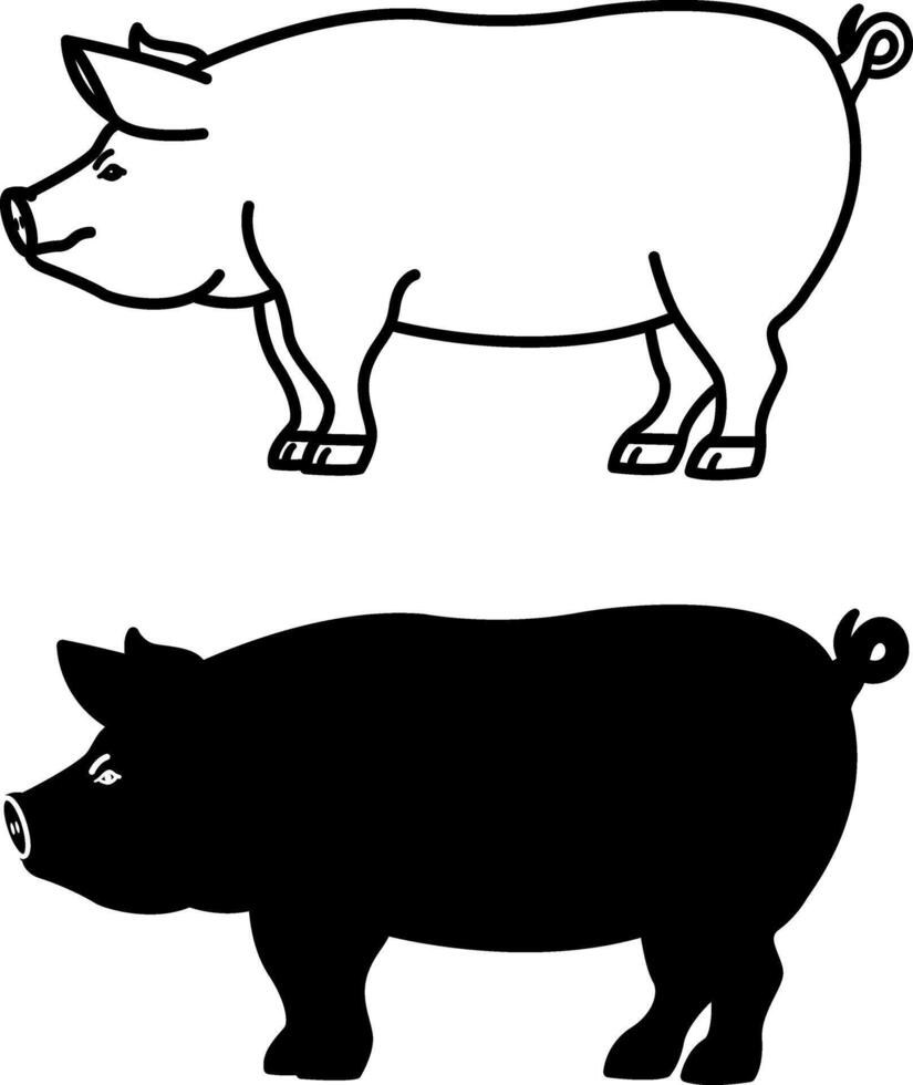 Pig Icons. Black and White Illustrations. Artiodactyl Mammal. Agriculture, Farming. For Coloring Book Design. Domestic Animals Concept vector