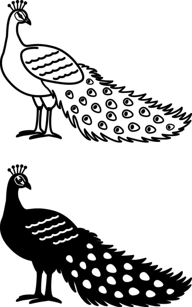 Peacock Icons. Black and White Illustration. Large Bird. Peacock With Long Beautiful Tail. For Coloring Book Design. Domestic Animals Concept vector