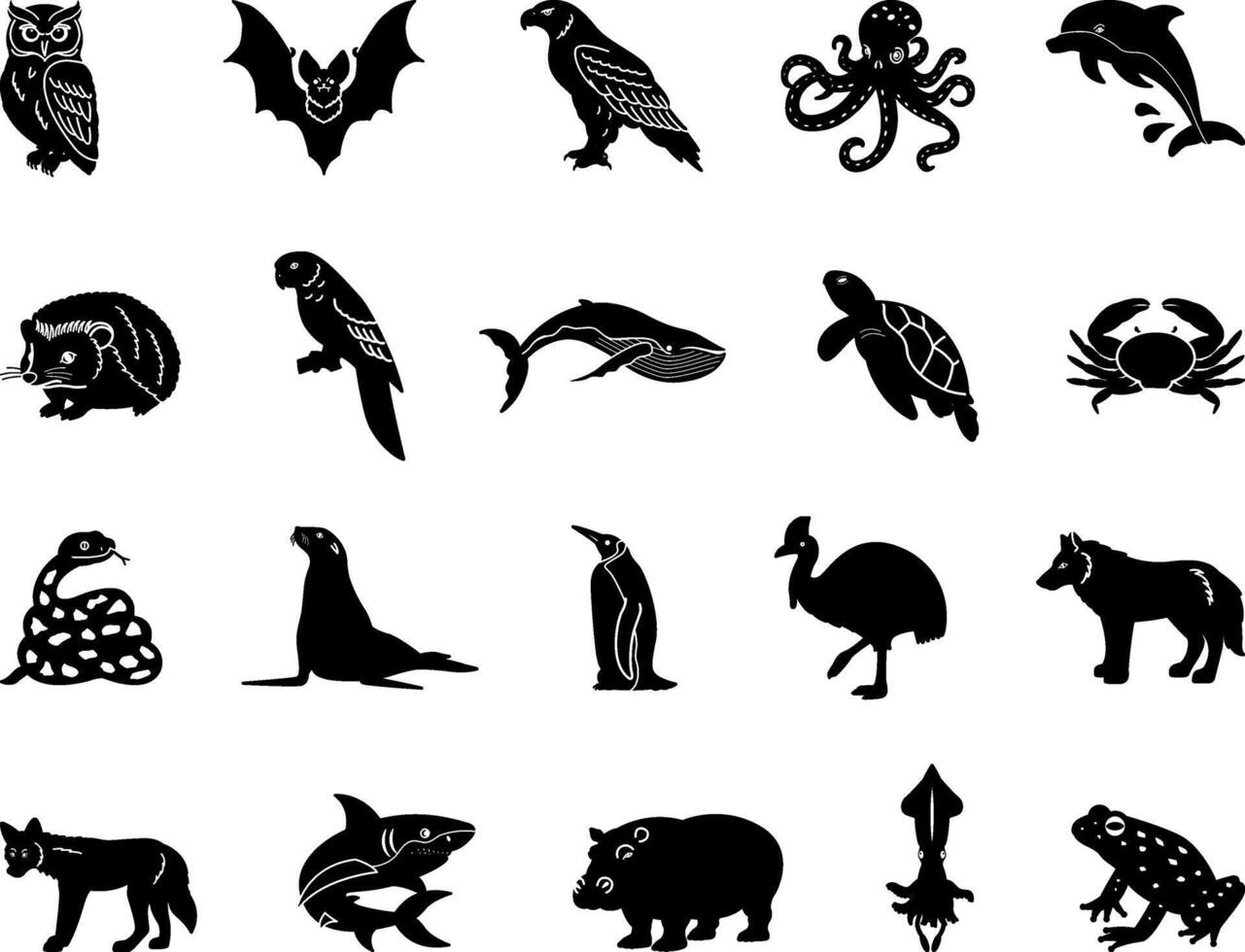 Black Animal Icons. Illustrations Of Owl, Bat, Eagle, Octopus, Dolphin, Hedgehog, Parrot, Whale, Turtle, Crab, Snake, Penguin, Cassowary, Wolf, Shark and Others vector