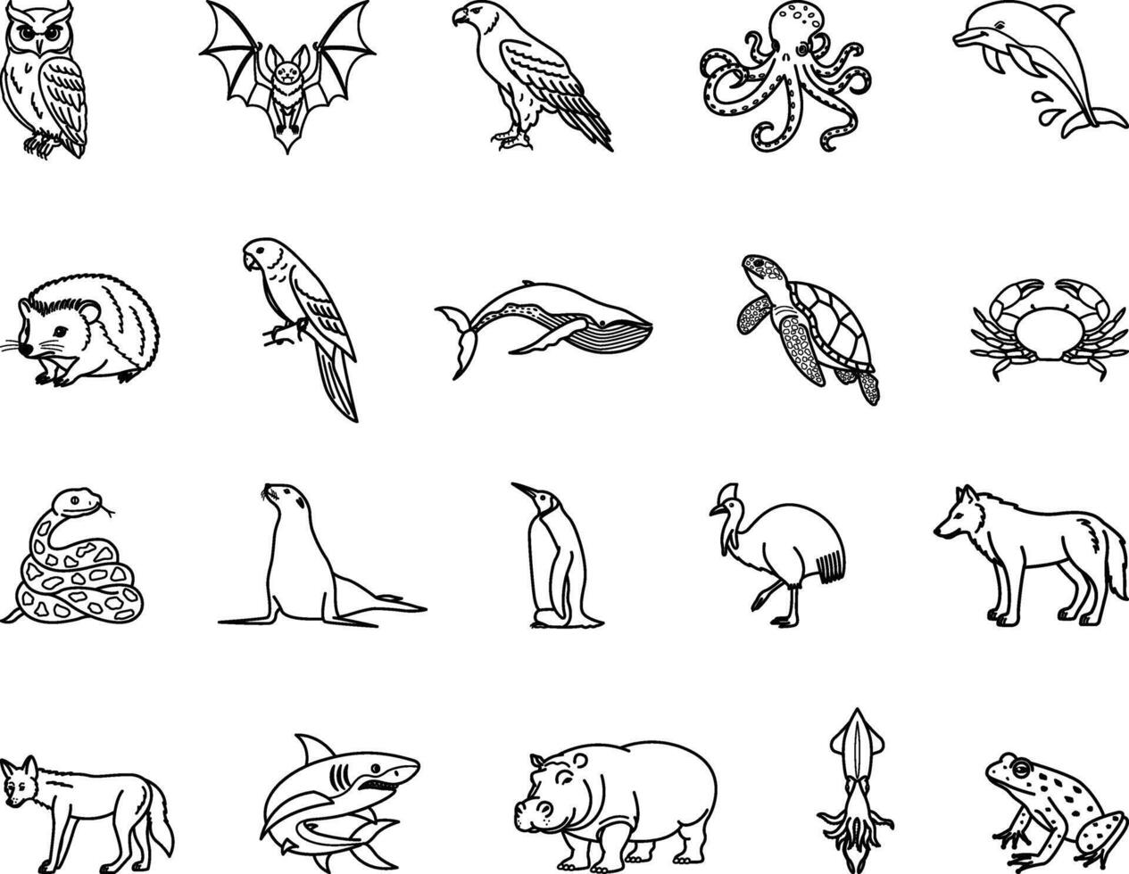 Animal Icons. Illustrations of Owl, Bat, Eagle, Octopus, Dolphin, Hedgehog, Parrot, Whale, Turtle, Crab, Snake, Penguin, Cassowary, Wolf, Shark and Others vector