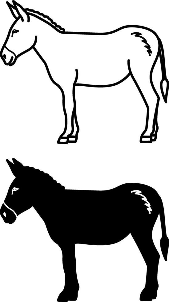 Donkey Icons. Black and White Illustration. Mammal. Agriculture, Farming. For Coloring Book Design. Domestic Animals Concept vector