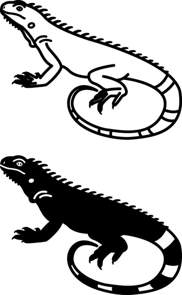 Iguana Icons. Black and White Illustration. Large Tree Lizard. Domestic Pet. For Coloring Book Design. Pets Concept vector