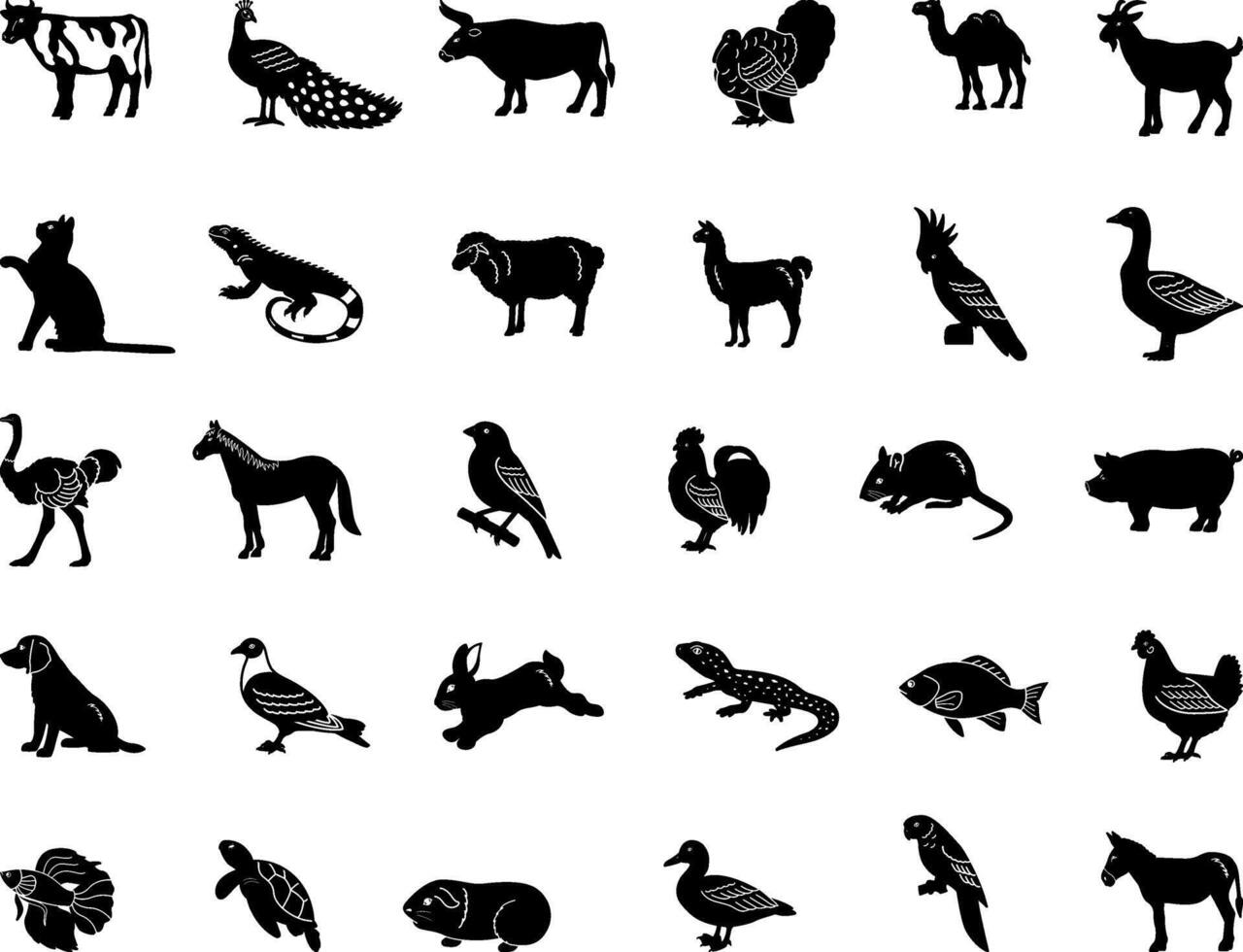 Black Domestic Animals Icons. Illustrations Cow, Peacock, Bull, Turkey, Camel, Goat, Cat, Iguana, Sheep, Llama, Parrot, Goose, Ostrich, Horse, Rabbit, Mouse, Pig and Others vector