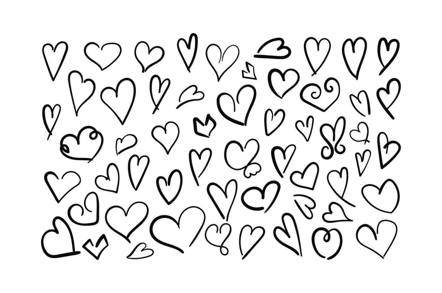 Hand drawn heart set. Collection black scribble Love shapes isolated on white background. Outline doodle element for Valentines Day print, scrap booking, graphic design, web and other. vector