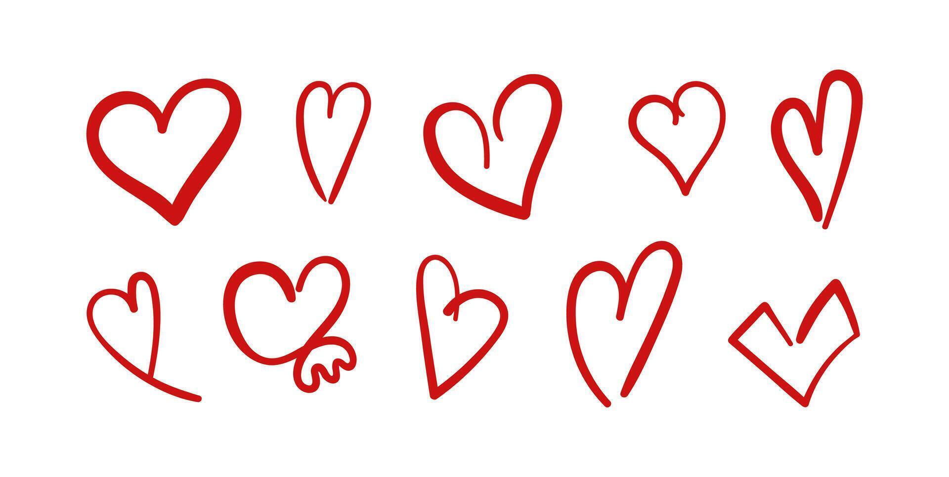 Hand drawn red line Hearts on Valentine Day or wedding. Doodle outline shapes isolated on white background. Love Decoration on holidays and greeting cards. vector