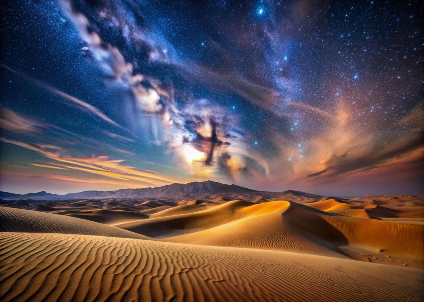 Expansive desert terrain under a dazzling star filled sky, showcasing the harmony of nature and space for wallpaper background. photo