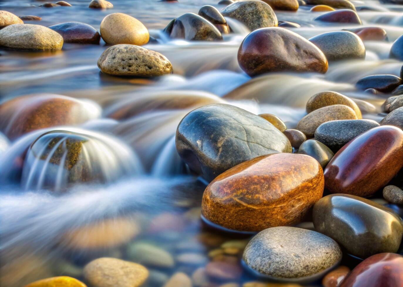 Serene view of smooth river rocks in vibrant hues surrounded by flowing water, perfect for wallpaper background. photo